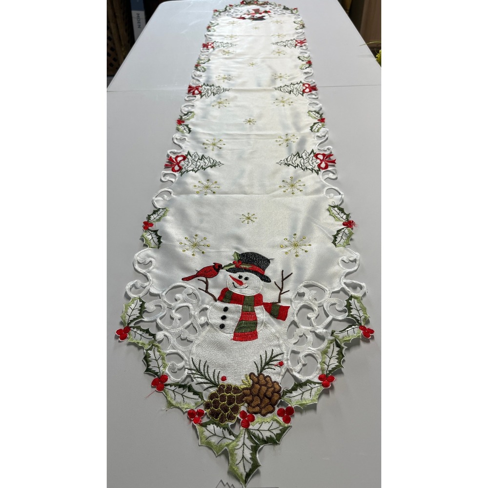 Snowman‎ Embroidered Christmas Table Runner White Satin Cutwork Holly 6' x 13"